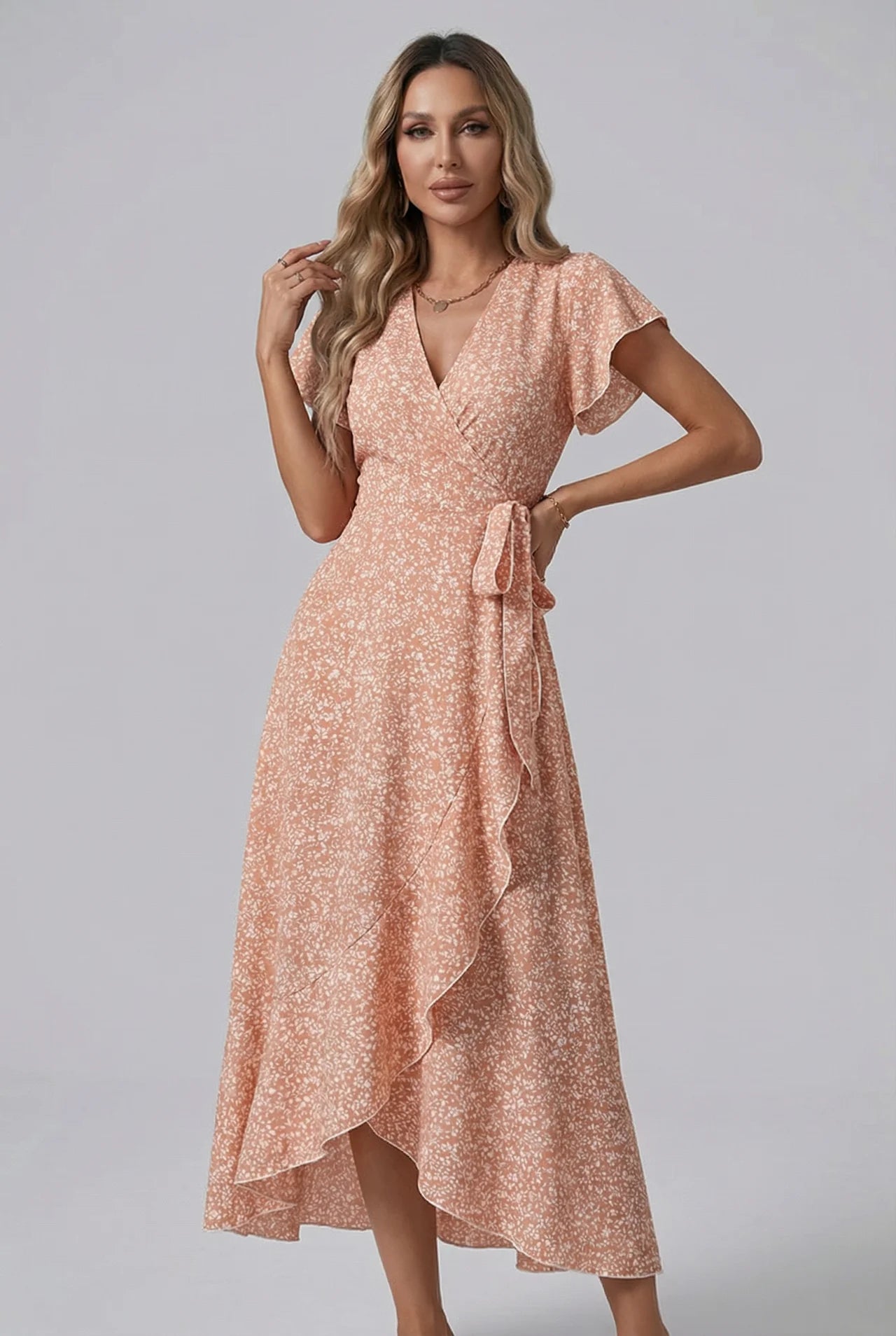 Small Floral Print Wrap V Neck Ruffle Sleeve Maxi Dress