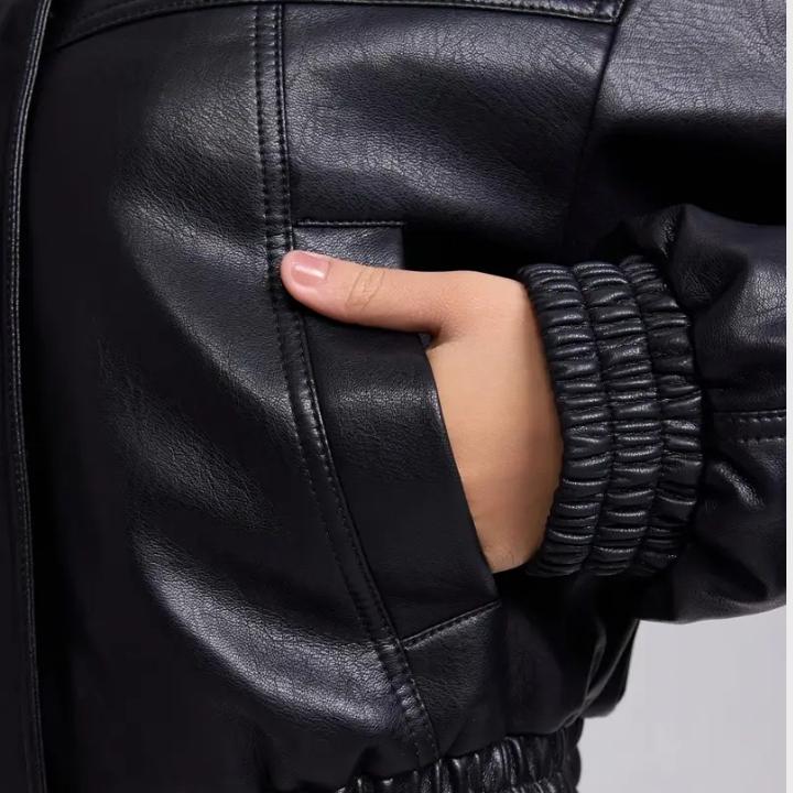 Women’s Zip Front Leather Bomber Jacket