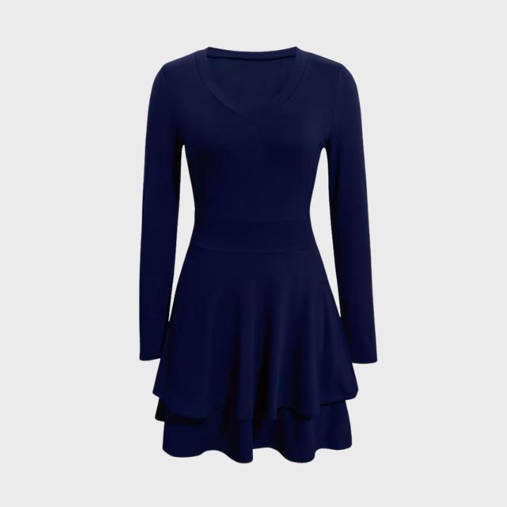 Women’s Solid Color Long-Sleeve V-Neck Layered Hem Fit-and-Flare Dress