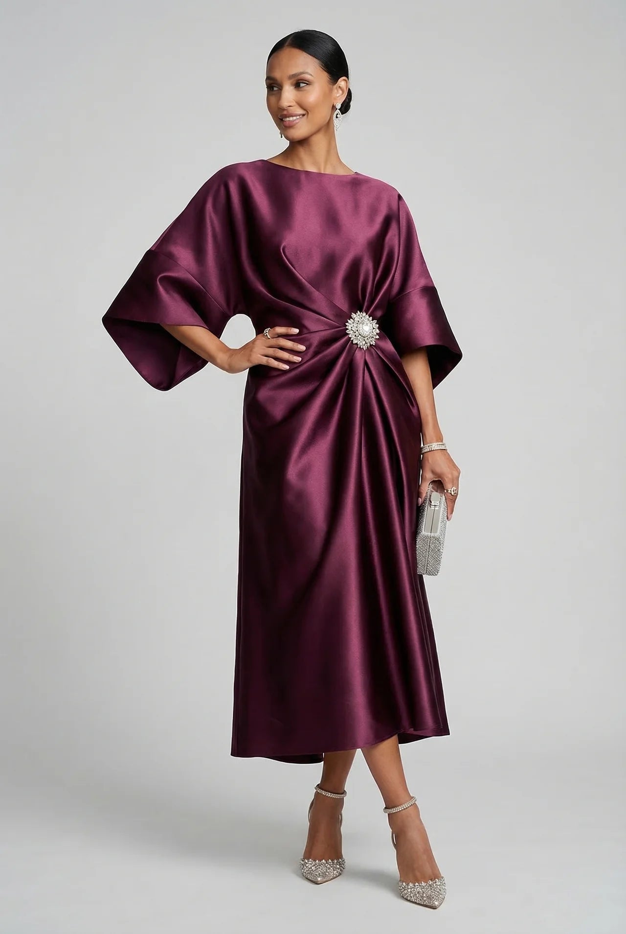 Wedding Guest Satin Style Batwing Jewel Midi Dress
