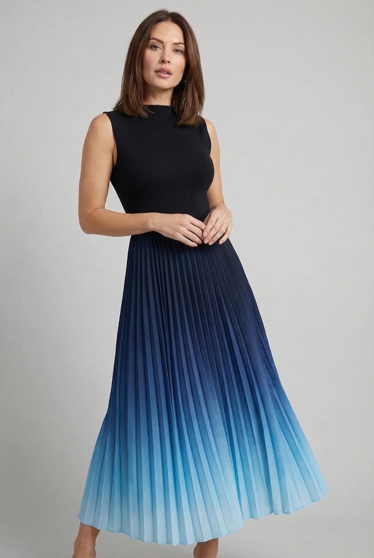 Ombre Pleated Fit Flare Sleeveless Midi Dress