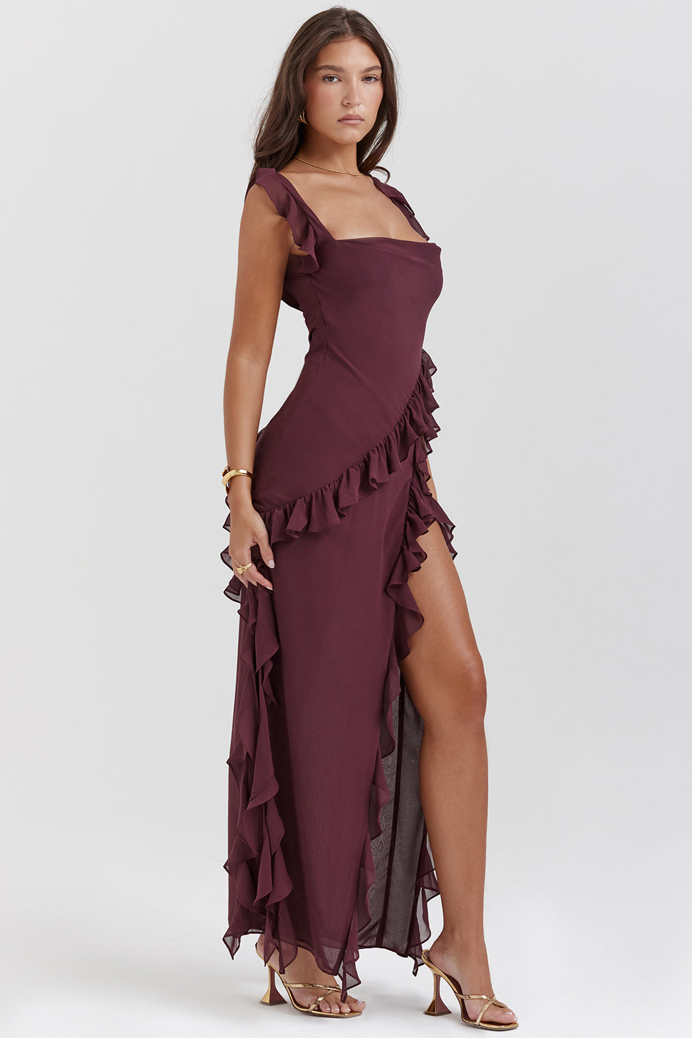 Square Neck Ruffle High Split Occasion Maxi Dress