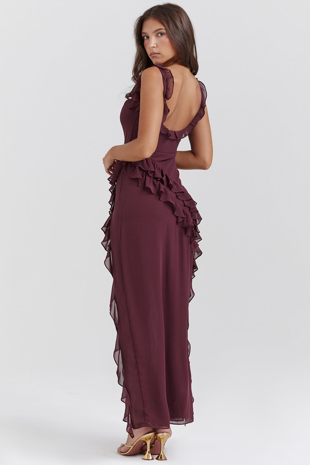 Square Neck Ruffle High Split Occasion Maxi Dress