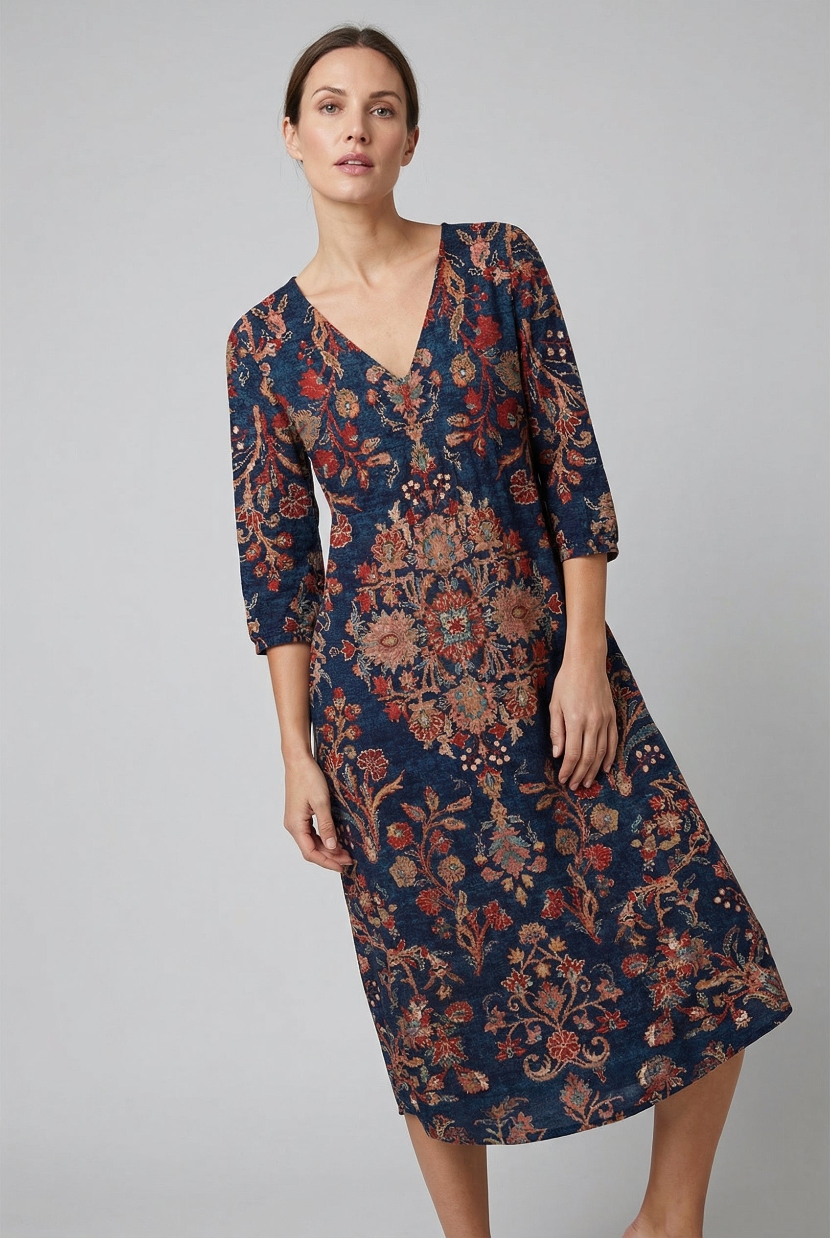 Tapestry Print V-Neck Three Quarter Sleeve Boho Midi Dress