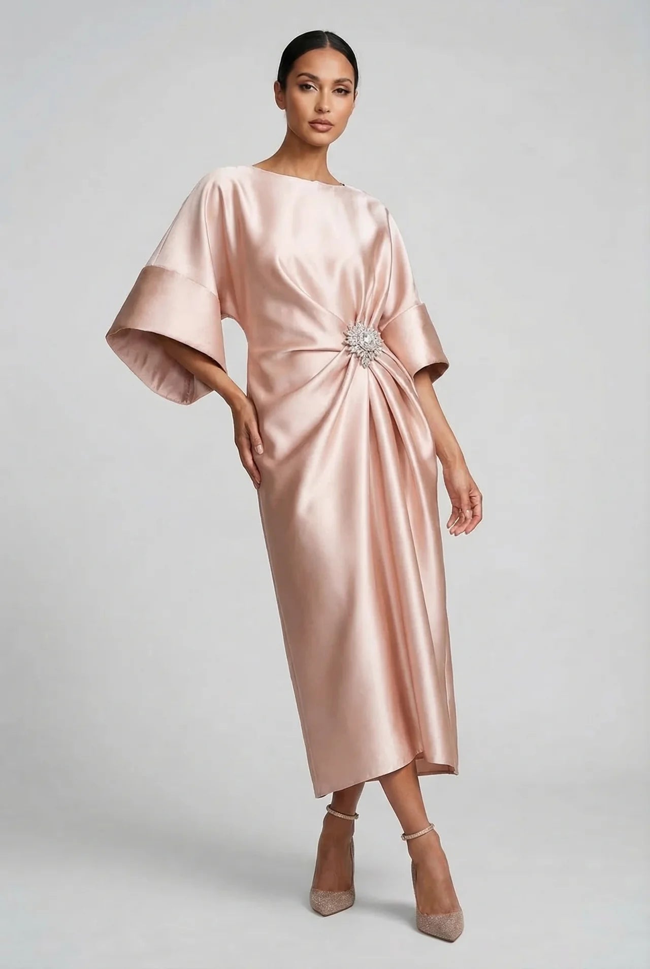 Wedding Guest Satin Style Batwing Jewel Midi Dress