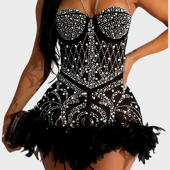 Women's Sparkling Black Rhinestone Romper