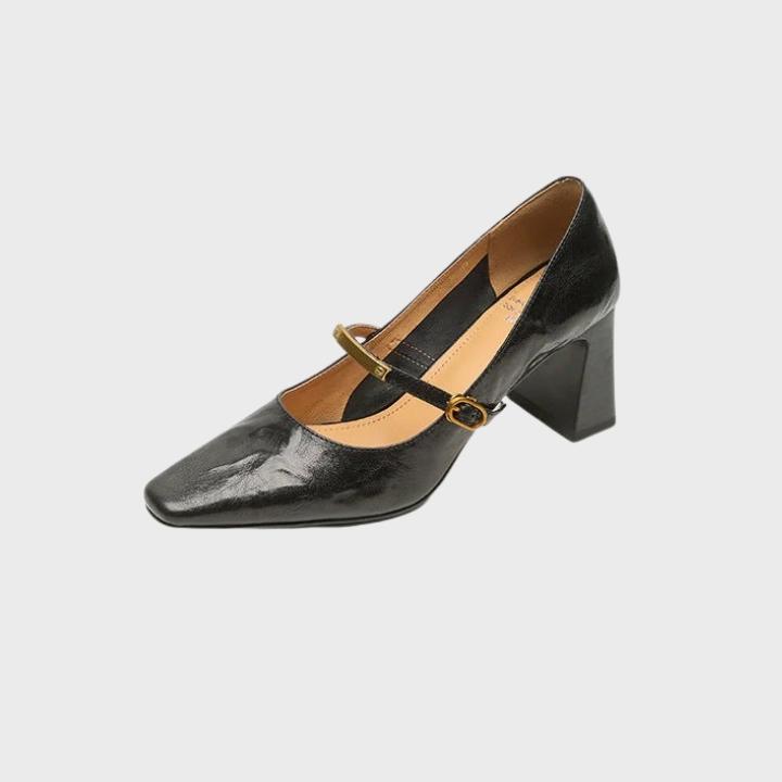 Women's Shiny Square Toe Pump with Metallic Strap