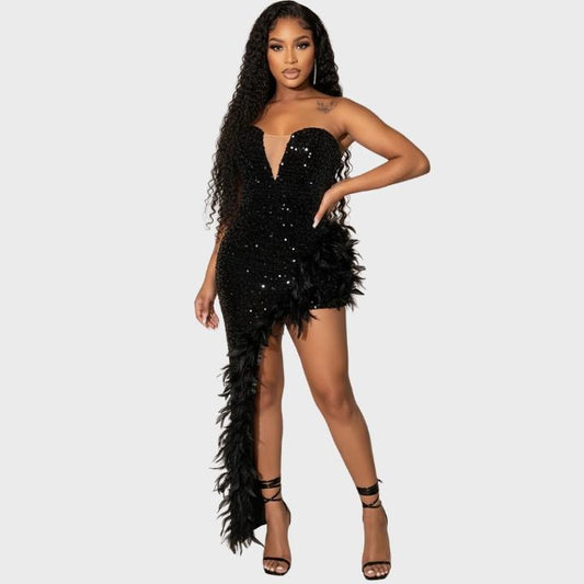 Women's Black Feather Sequin Cocktail Dress