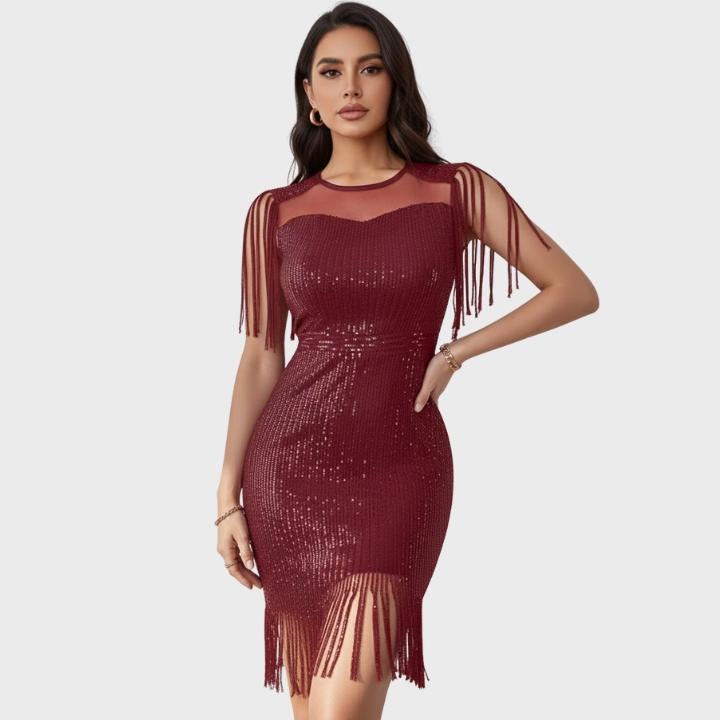 Women's High-Waisted Sequin Bodycon Evening Dress with Fringe Hem