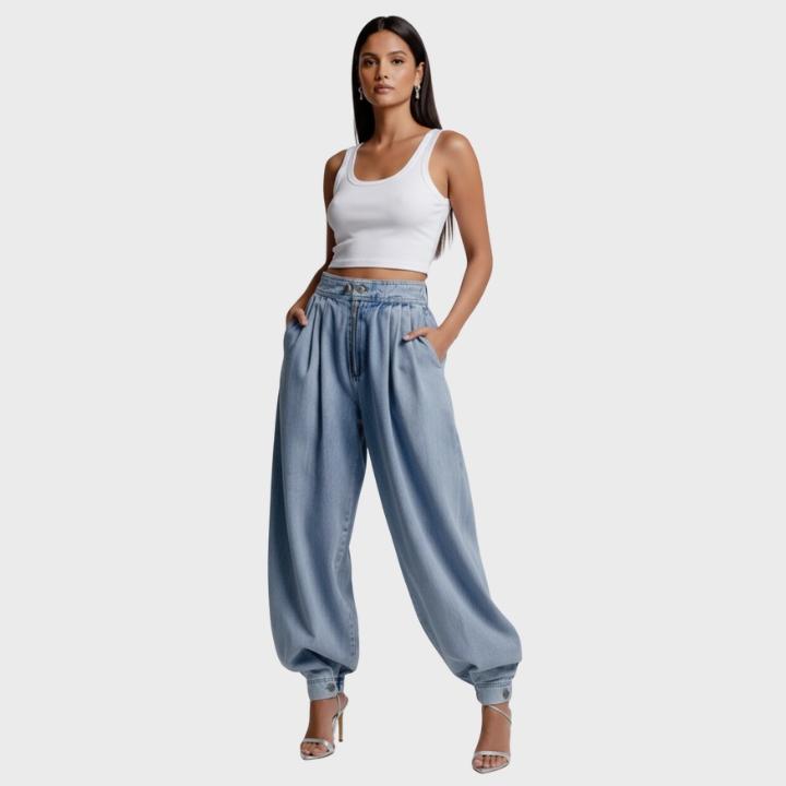 Women's Blue Light Wash High Waist Pleated Balloon Jeans