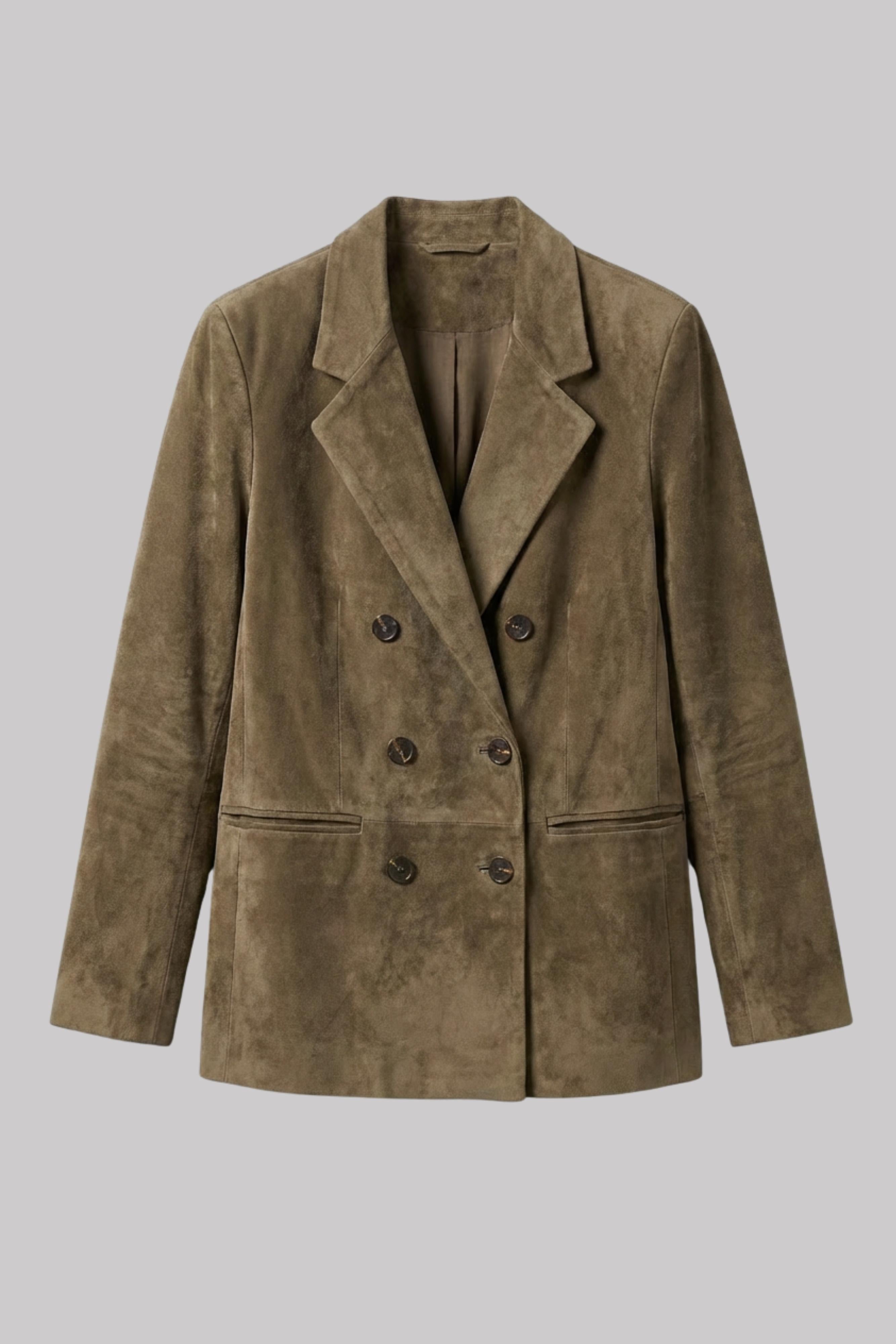 Women’s Khaki Double-Breasted Casual Blazer Jacket