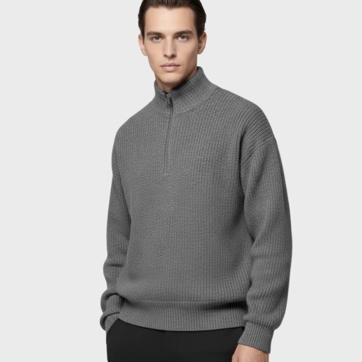 Men's Gray High Neck Loose Fit Quarter-Zip Knit Jumper