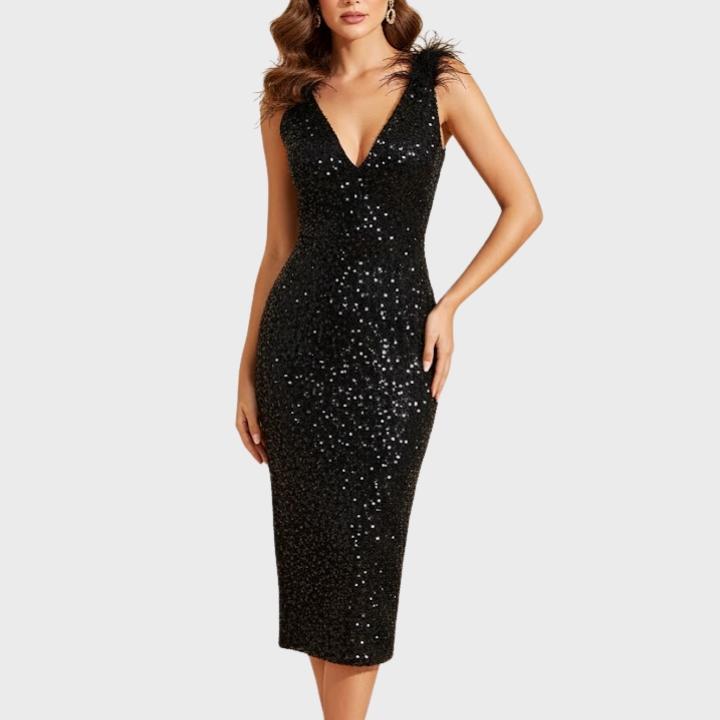 Women's Elegant V-Neck Black Sequin Dress