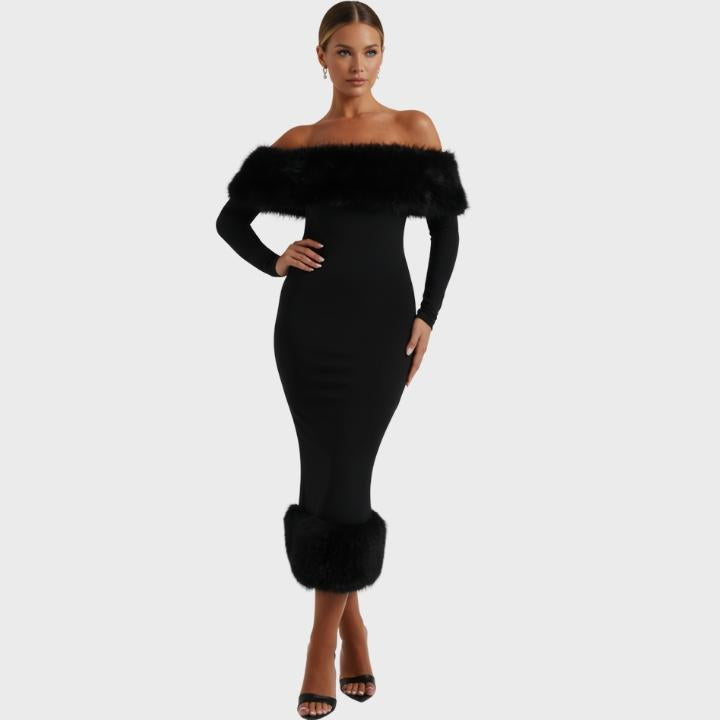 Women’s Off-Shoulder Long Sleeve  Feather Maxi Dress
