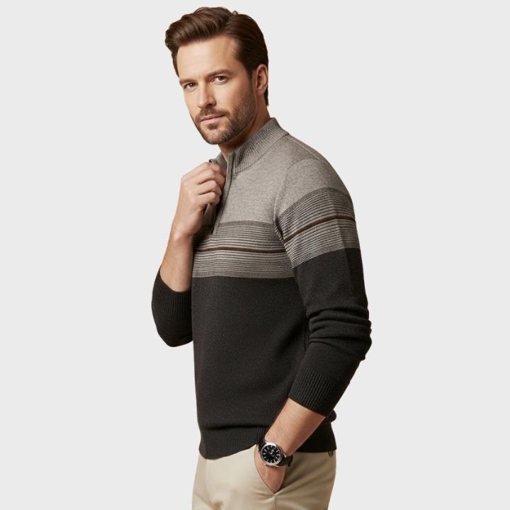 Men's Regular Fit Striped Knit Pullover with Crew Neck Quarter-Zip