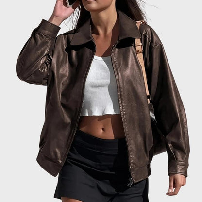 Women’s Classic Brown Zip-Up Leather Jacket
