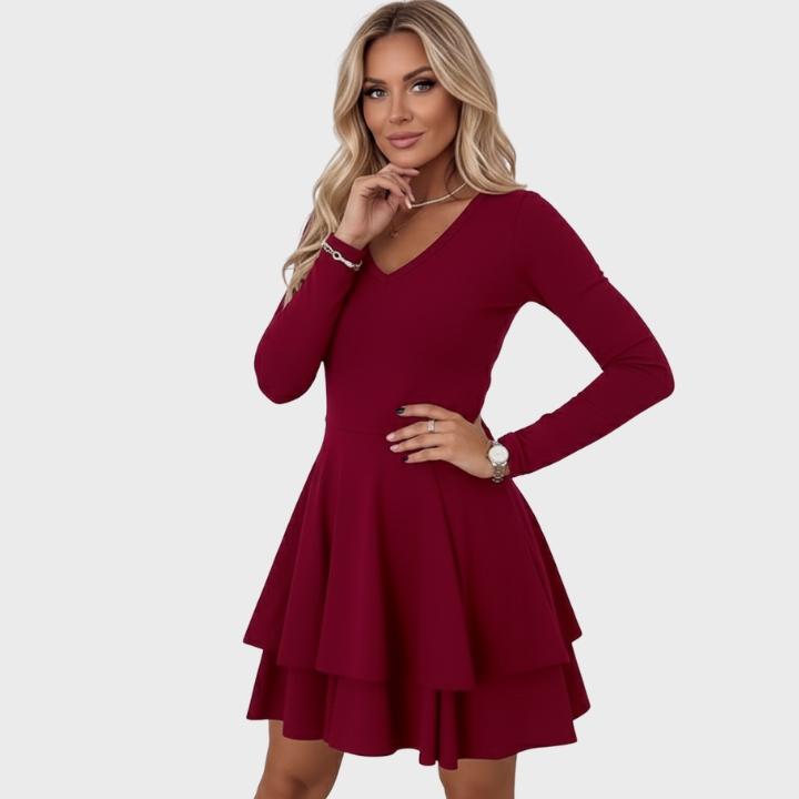 Women’s Solid Color Long-Sleeve V-Neck Layered Hem Fit-and-Flare Dress
