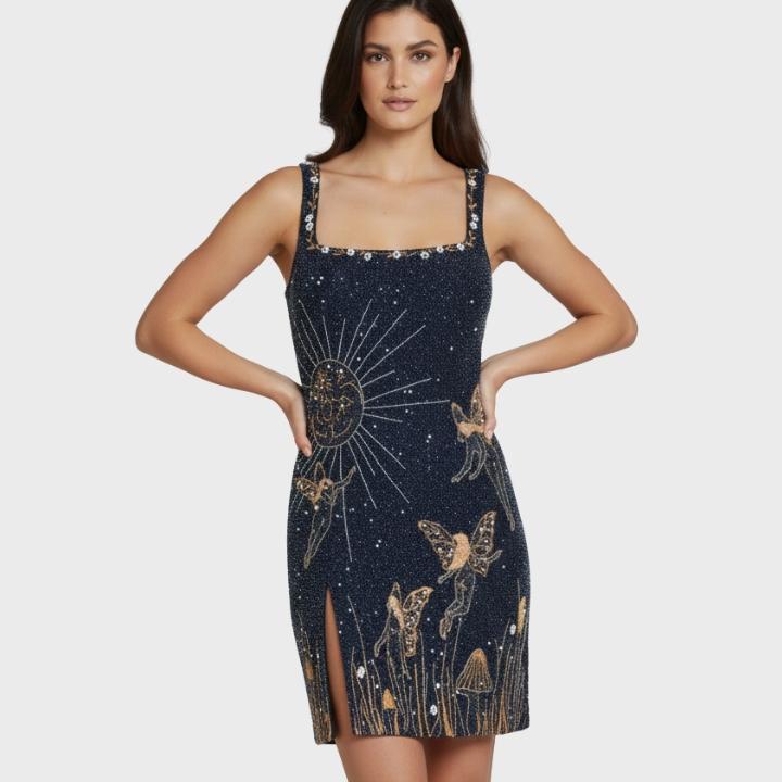 Women's Blue Sequin Bodycon Square Neck Mini Dress