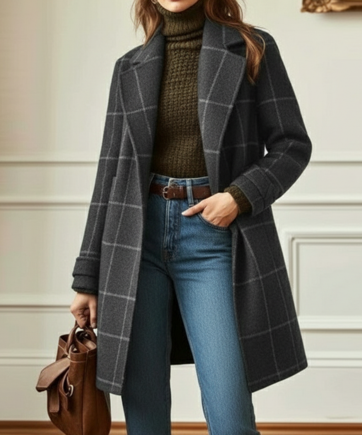 Check Print Tailored Wool Style Coat Women