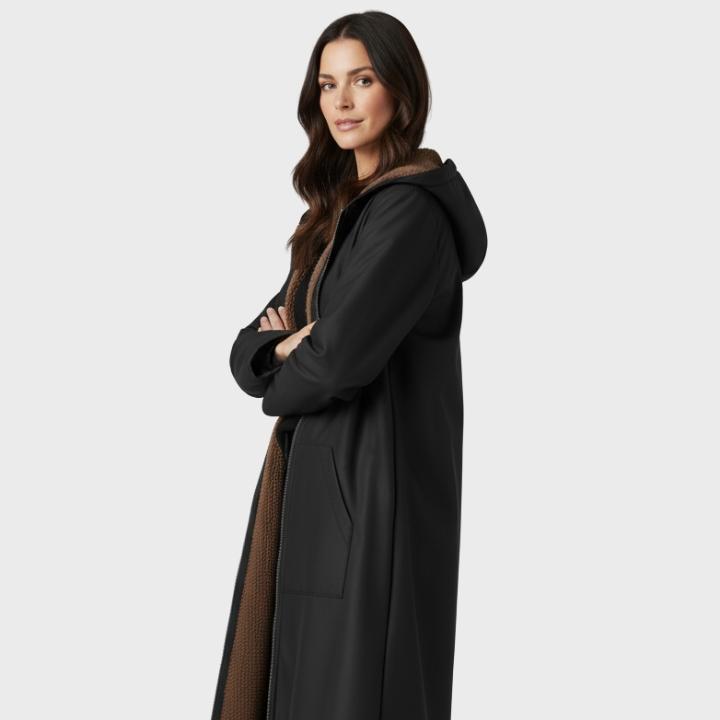 Women’s Elegant Black Plush-Lined Hooded Long Coat