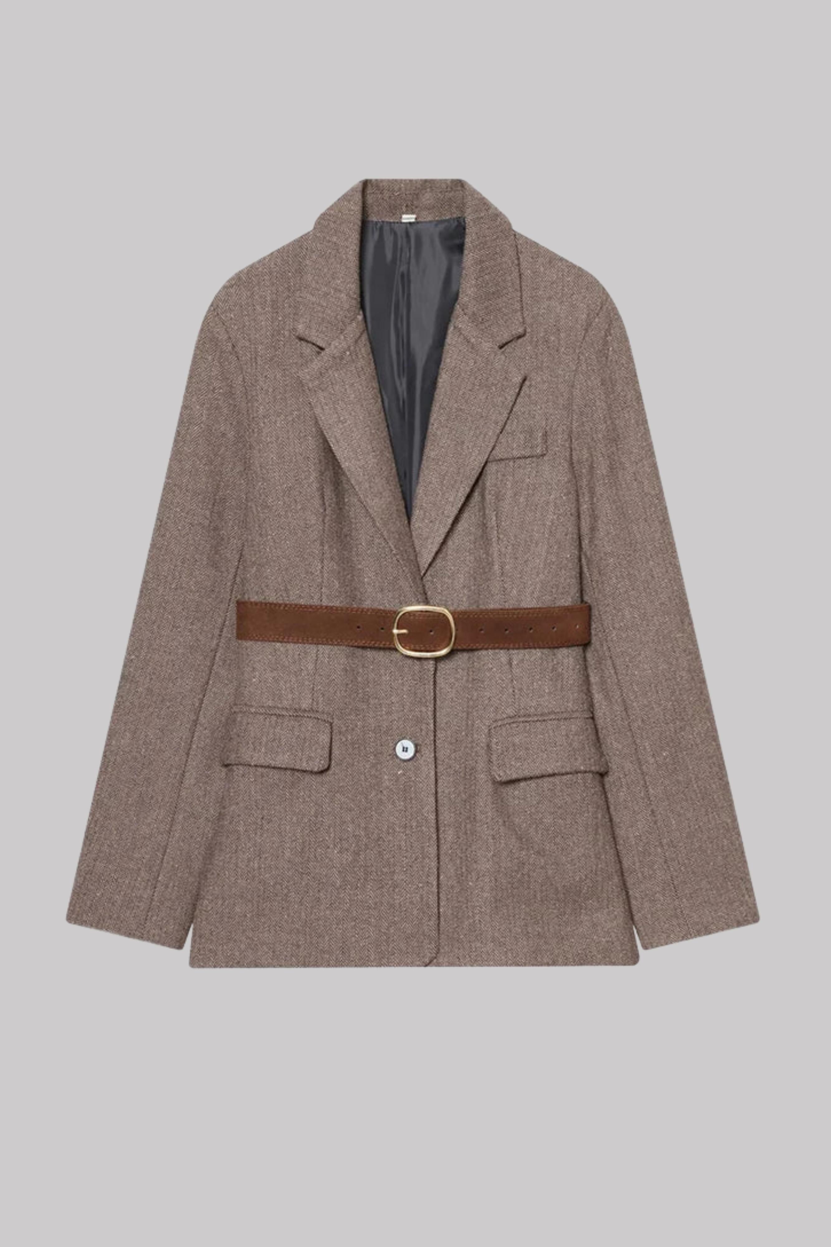 Women’s Vintage-Style Belted Blazer Brown Jacket