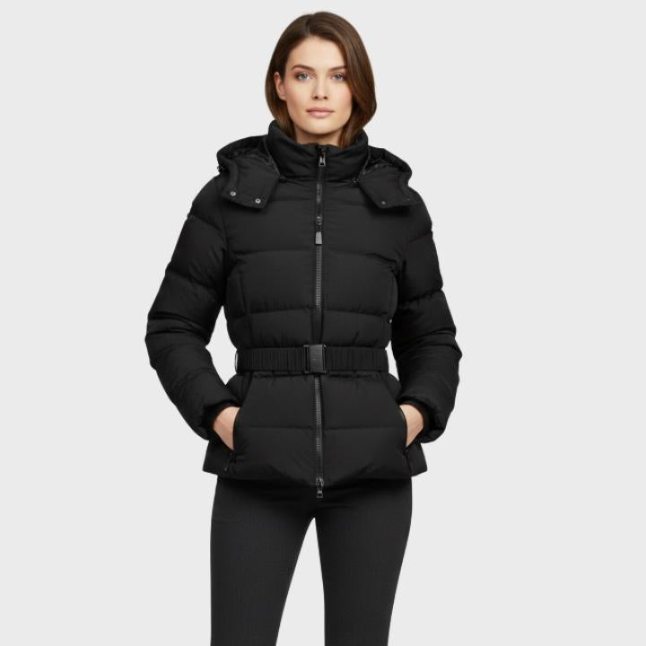 Women's Black hooded Puffer Jacket with Belt High Collar