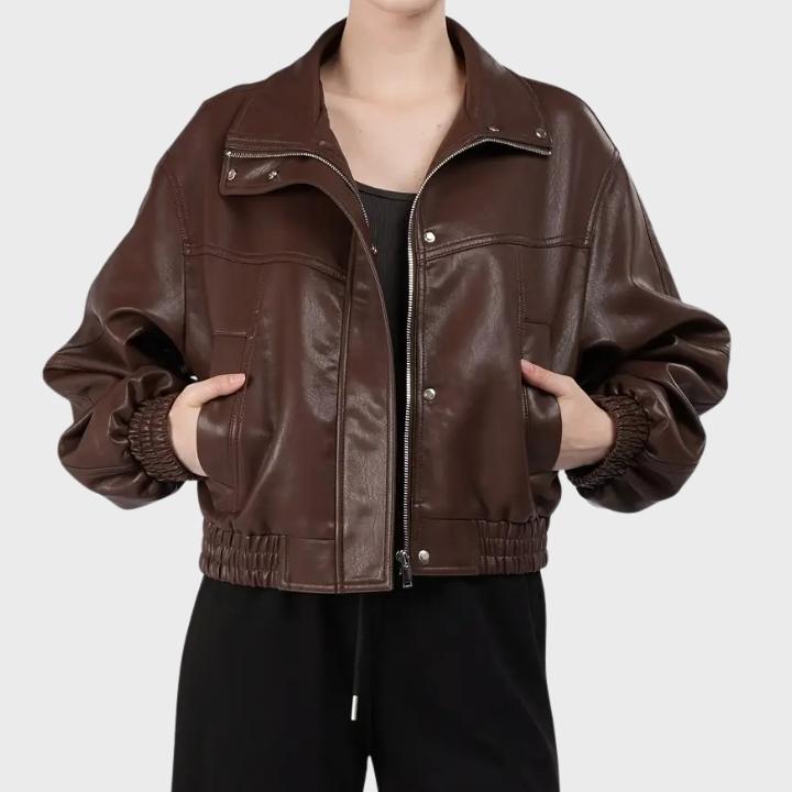 Women’s Zip Front Leather Bomber Jacket