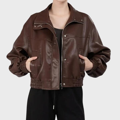 Women’s Zip Front Leather Bomber Jacket