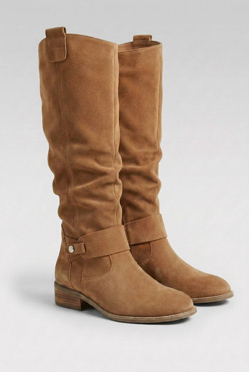 Slouchy Buckle Block Heel Knee High Boots Women