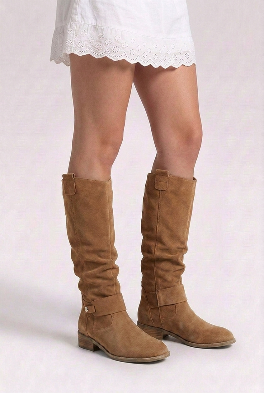 Slouchy Buckle Block Heel Knee High Boots Women