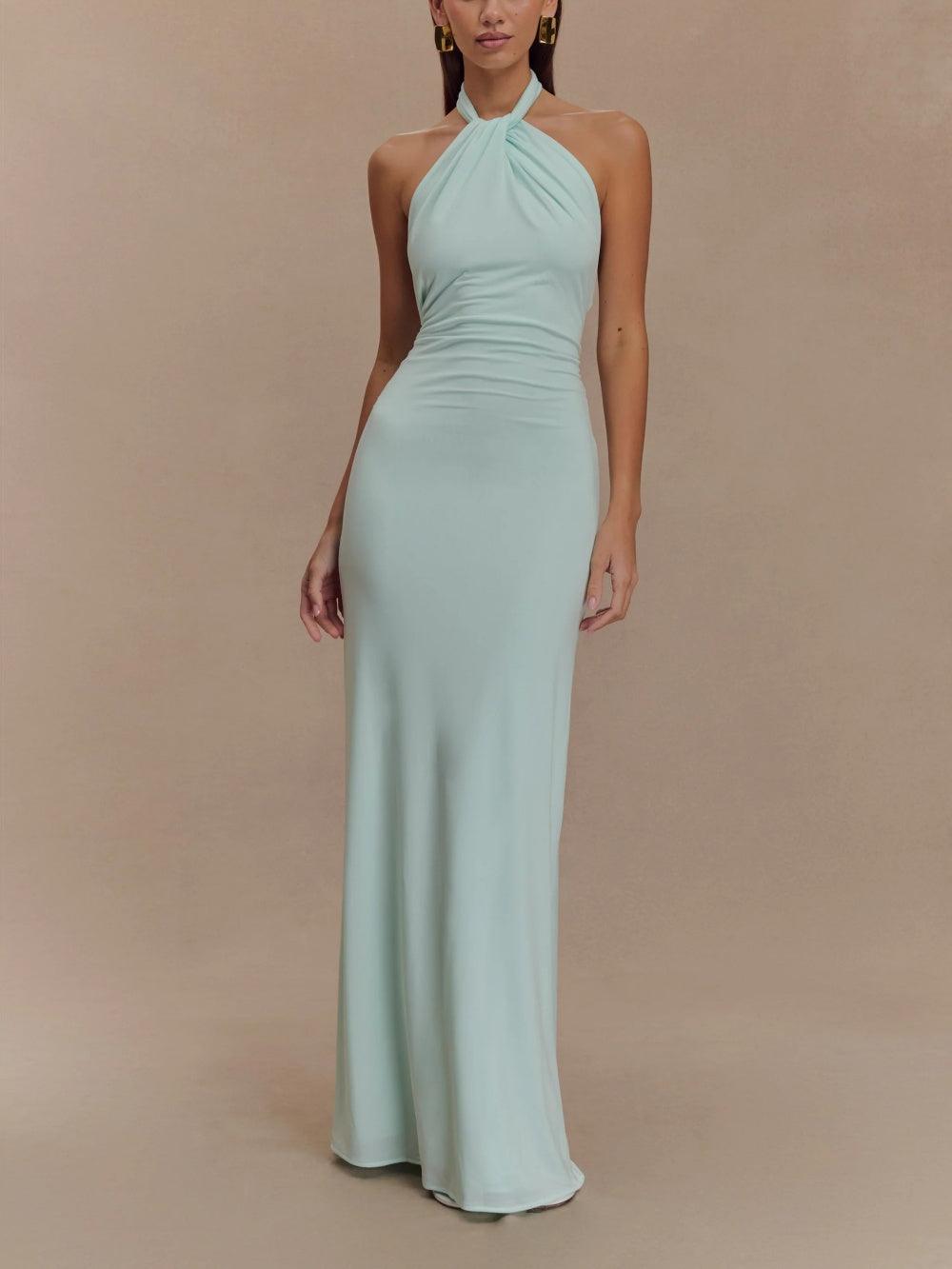 Women’s Elegant Satin Halter Open Back Maxi Dress