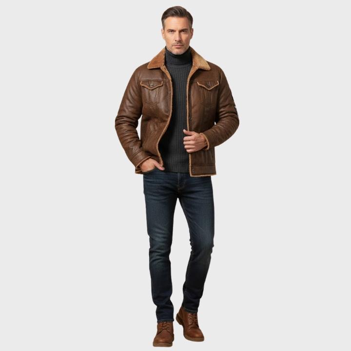 Men’s Faux Leather Jacket with Shearling Lining