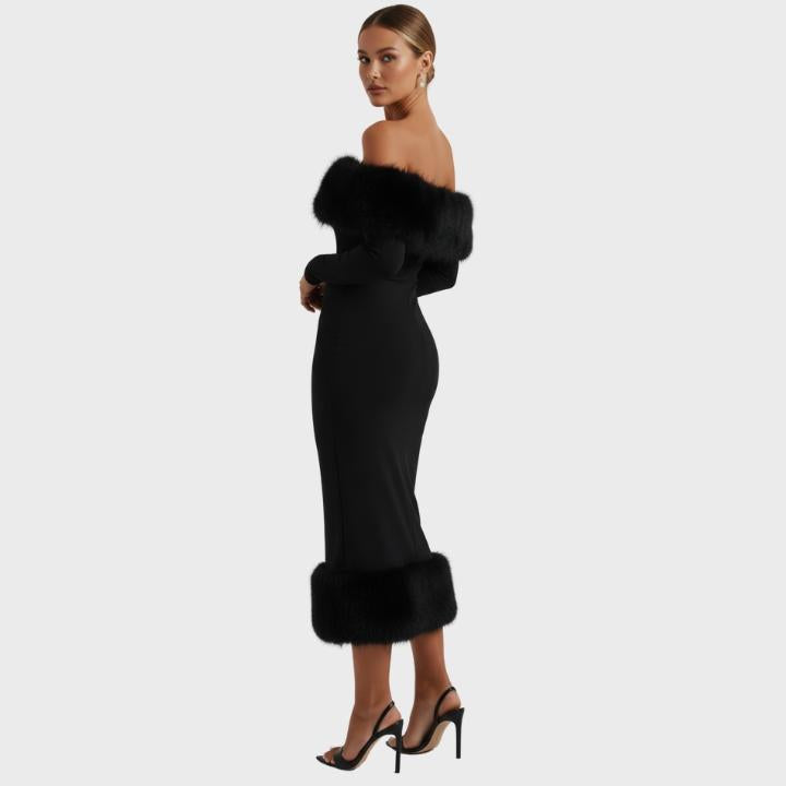 Women’s Off-Shoulder Long Sleeve  Feather Maxi Dress
