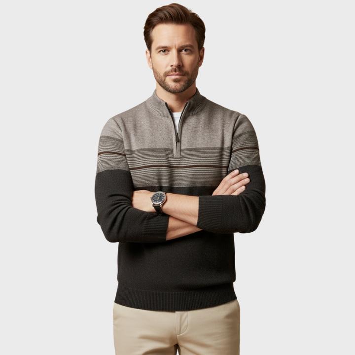 Men's Regular Fit Striped Knit Pullover with Crew Neck Quarter-Zip