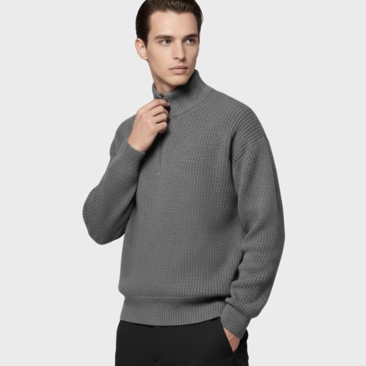 Men's Gray High Neck Loose Fit Quarter-Zip Knit Jumper