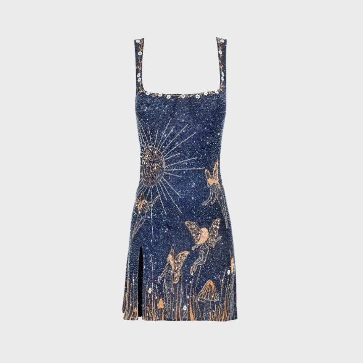 Women's Blue Sequin Bodycon Square Neck Mini Dress