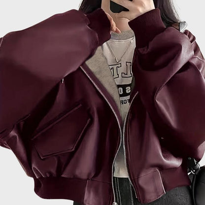 Women’s Oversized Retro Zip-Up Leather Jacket