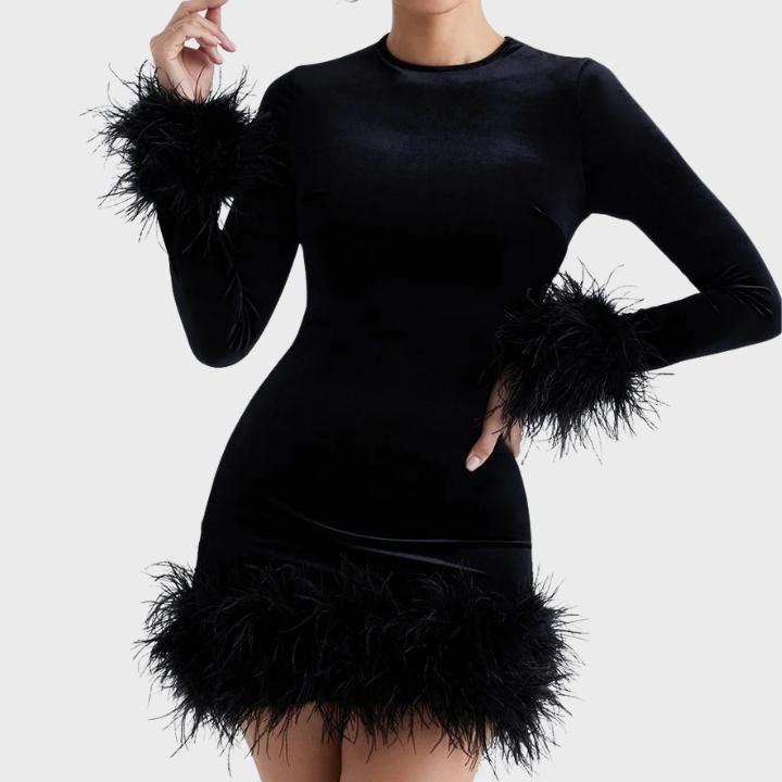 Women's Black Long Sleeve Feather Hem Dress