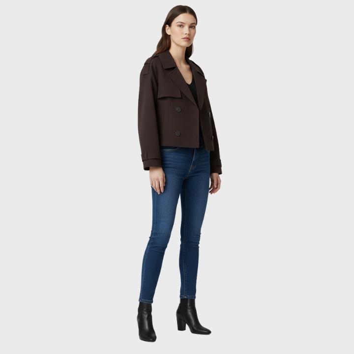 Women's Dark Brown Cropped Double Button Short Jacket