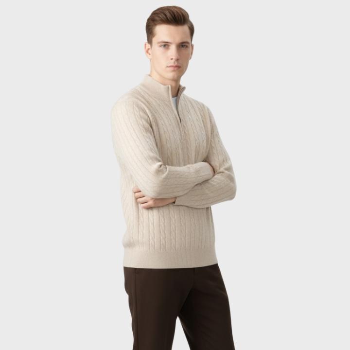 Men's Neutral Textured  Quarter Zip Cable Knit Embroidery Jumper