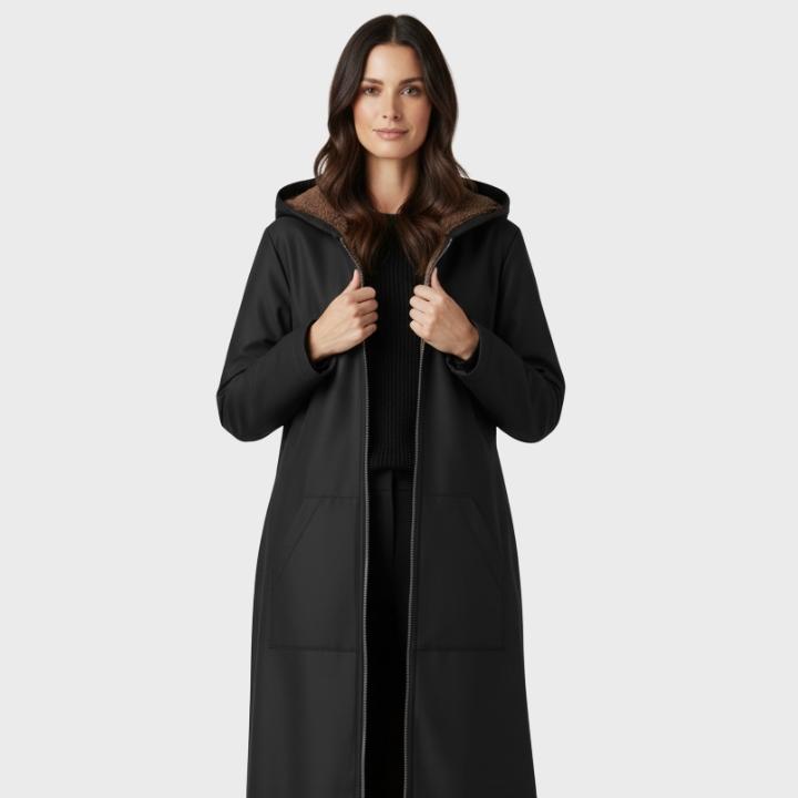 Women’s Elegant Black Plush-Lined Hooded Long Coat