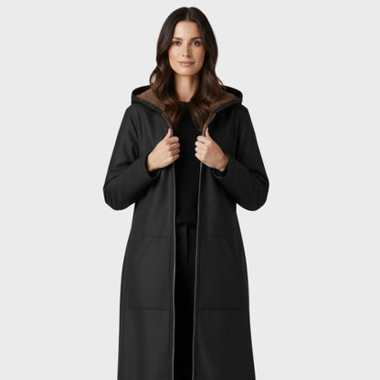 Women’s Elegant Black Plush-Lined Hooded Long Coat