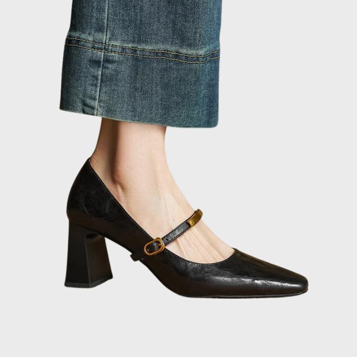 Women's Shiny Square Toe Pump with Metallic Strap