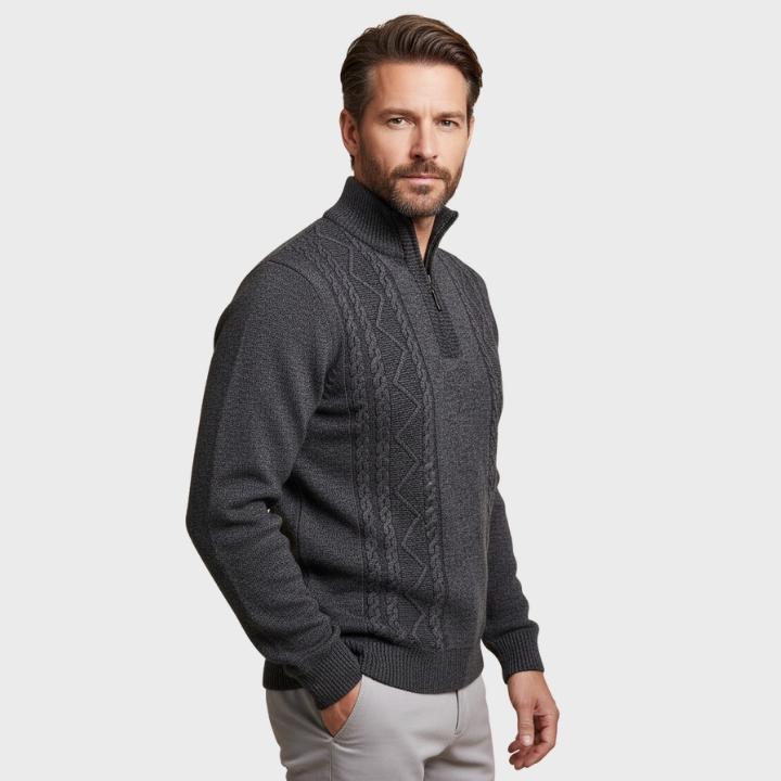 Men's Casual Gray Geometric Pattern Cable Knit Quarter Zip Jumper