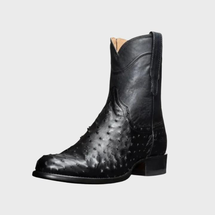 Men's Black Ostrich Print Western Side Zip Ankle Boots