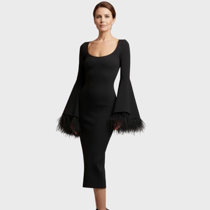 Women's Black Long Sleeve Feather Trim Pencil Dress