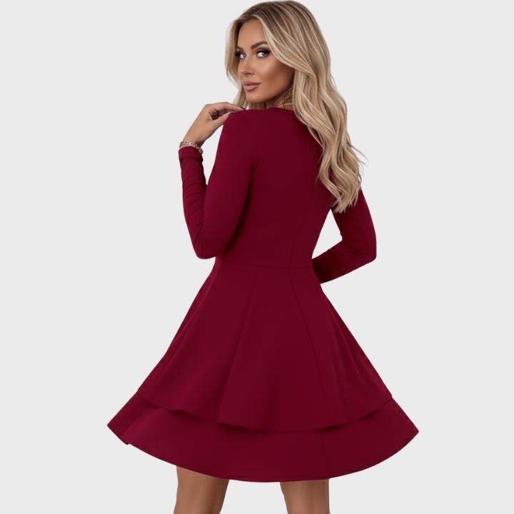 Women’s Solid Color Long-Sleeve V-Neck Layered Hem Fit-and-Flare Dress
