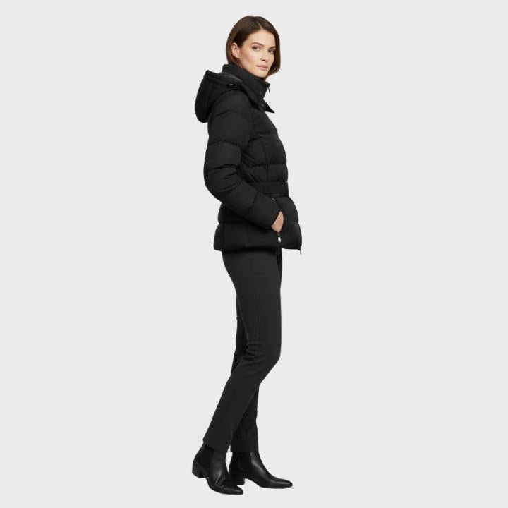 Women's Black hooded Puffer Jacket with Belt High Collar