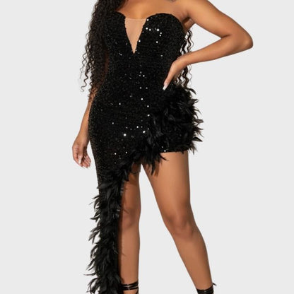 Women's Black Feather Sequin Cocktail Dress