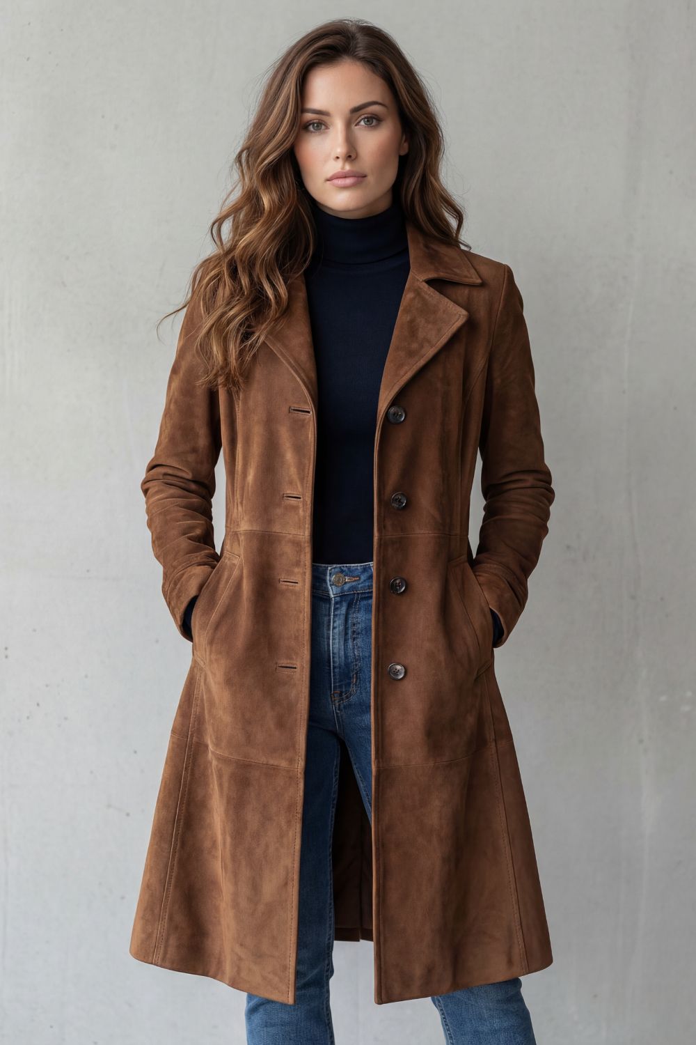 Suede Style Longline Coat With Textured Finish Women